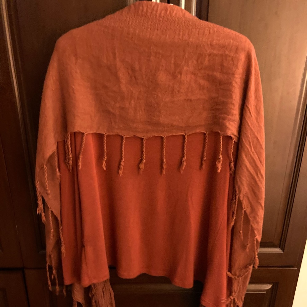 Rust Color Long Sleeve Fringe Shrug